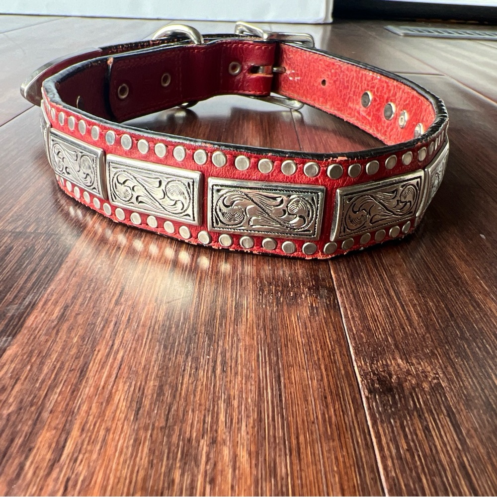 Woof Wear Dog Collar Red Leather Silver Hardware  Size 18”x 1”